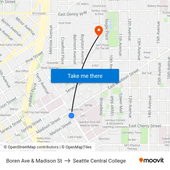 Boren Ave & Madison St to Seattle Central College map