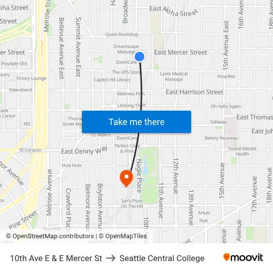 10th Ave E & E Mercer St to Seattle Central College map
