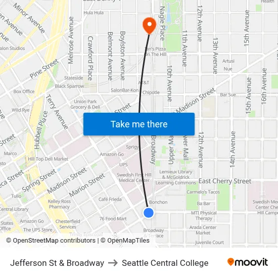 Jefferson St & Broadway to Seattle Central College map