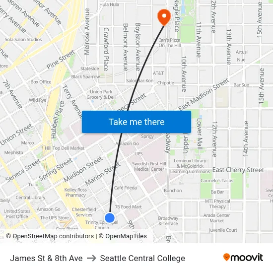 James St & 8th Ave to Seattle Central College map