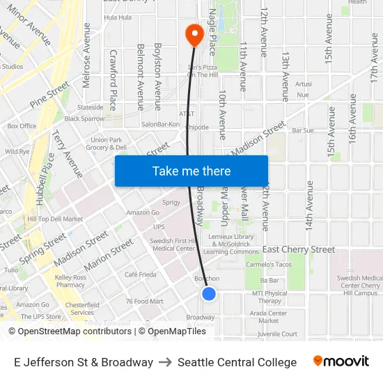 E Jefferson St & Broadway to Seattle Central College map