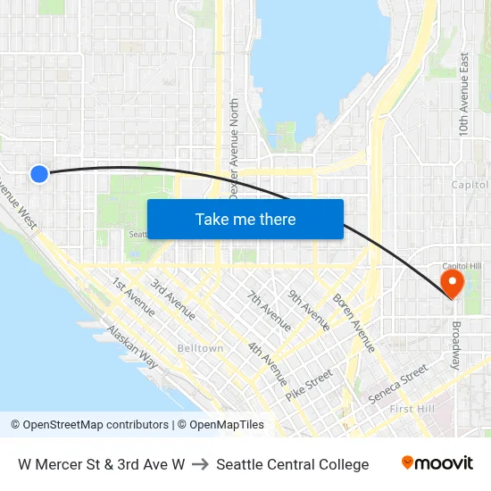 W Mercer St & 3rd Ave W to Seattle Central College map