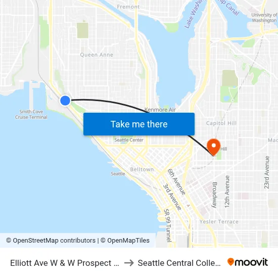 Elliott Ave W & W Prospect St to Seattle Central College map