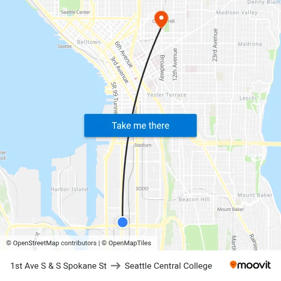 1st Ave S & S Spokane St to Seattle Central College map