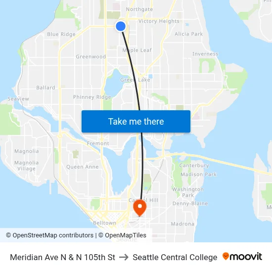 Meridian Ave N & N 105th St to Seattle Central College map