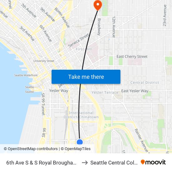 6th Ave S & S Royal Brougham Way to Seattle Central College map