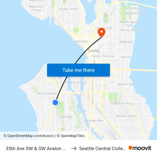 35th Ave SW & SW Avalon Way to Seattle Central College map