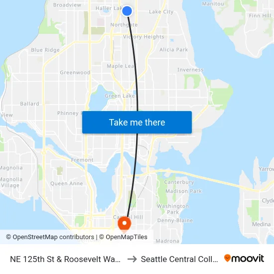 NE 125th St & Roosevelt Way NE to Seattle Central College map