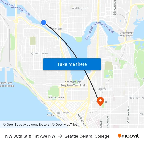 NW 36th St & 1st Ave NW to Seattle Central College map