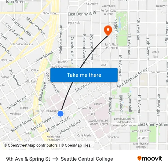 9th Ave & Spring St to Seattle Central College map