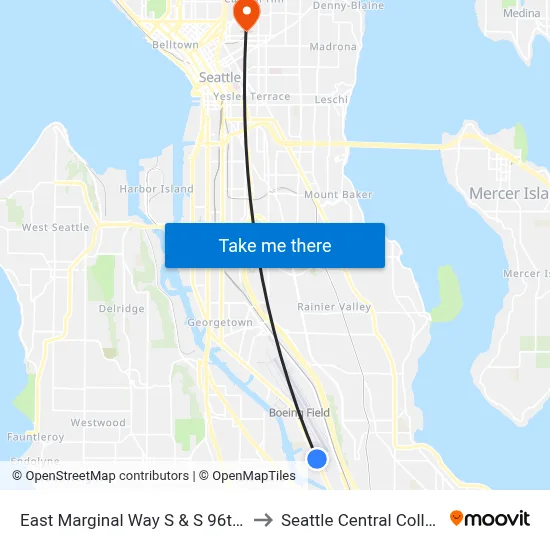 East Marginal Way S & S 96th Pl to Seattle Central College map