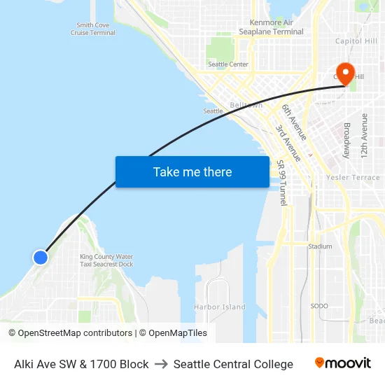 Alki Ave SW & 1700 Block to Seattle Central College map