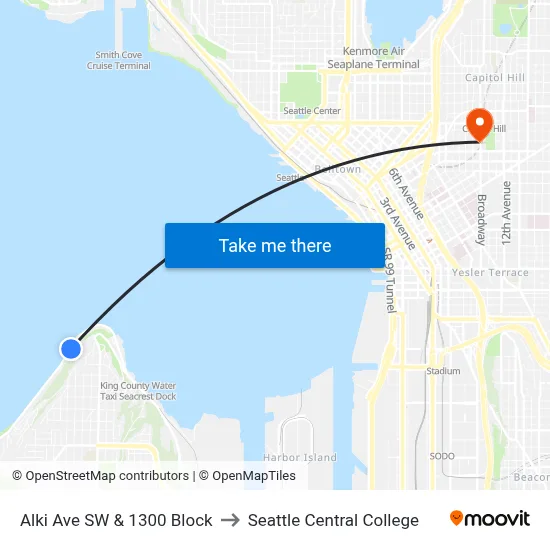 Alki Ave SW & 1300 Block to Seattle Central College map