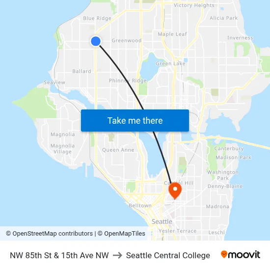 NW 85th St & 15th Ave NW to Seattle Central College map