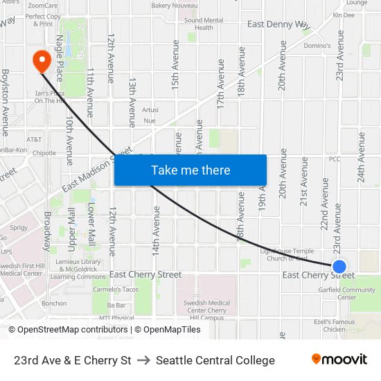 23rd Ave & E Cherry St to Seattle Central College map