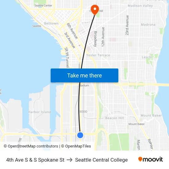 4th Ave S & S Spokane St to Seattle Central College map