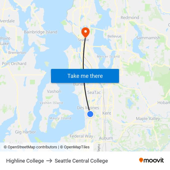 Highline College to Seattle Central College map