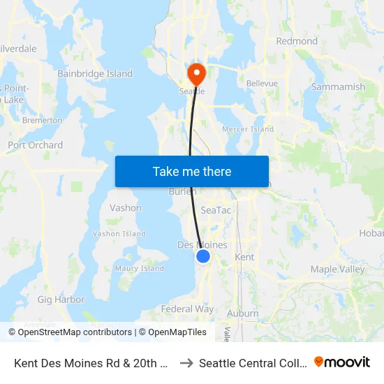 Kent Des Moines Rd & 20th Ave S to Seattle Central College map