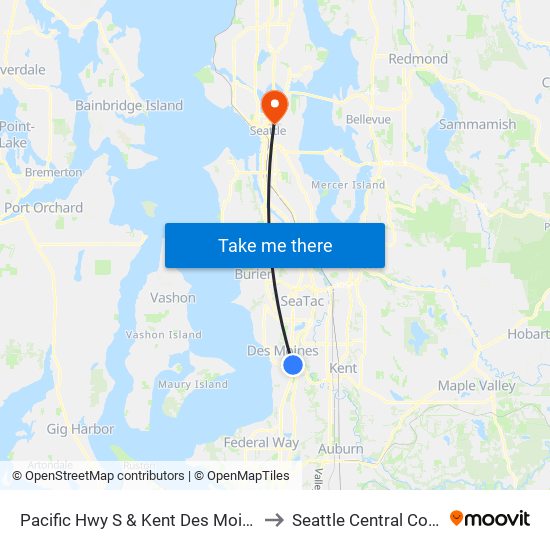 Pacific Hwy S & Kent Des Moines Rd to Seattle Central College map