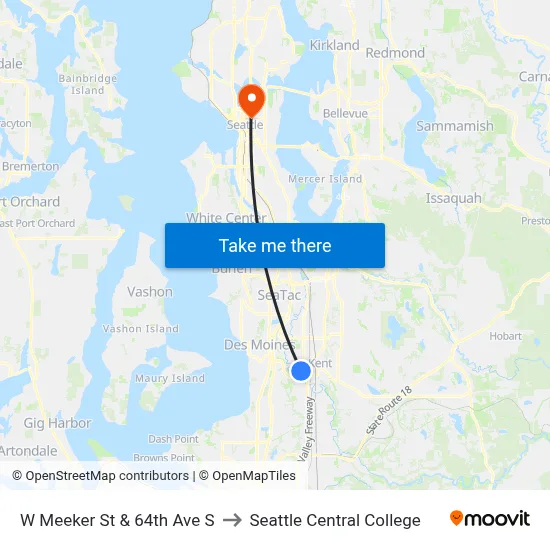 W Meeker St & 64th Ave S to Seattle Central College map