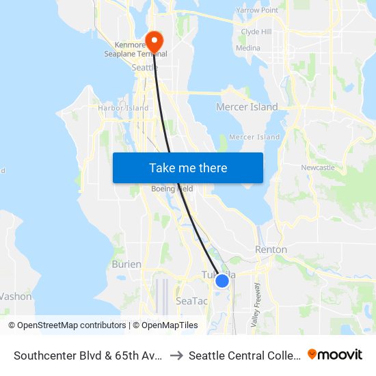 Southcenter Blvd & 65th Ave S to Seattle Central College map