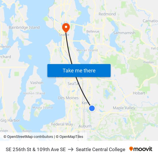 SE 256th St & 109th Ave SE to Seattle Central College map