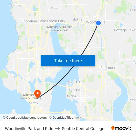 Woodinville Park and Ride to Seattle Central College map