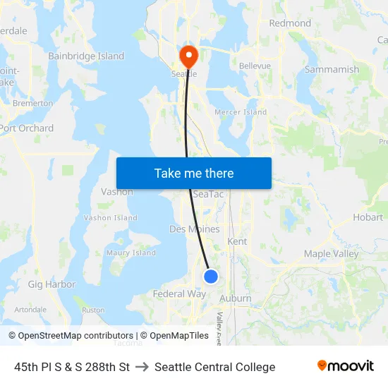45th Pl S & S 288th St to Seattle Central College map