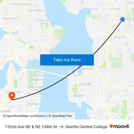 132nd Ave NE & NE 104th St to Seattle Central College map