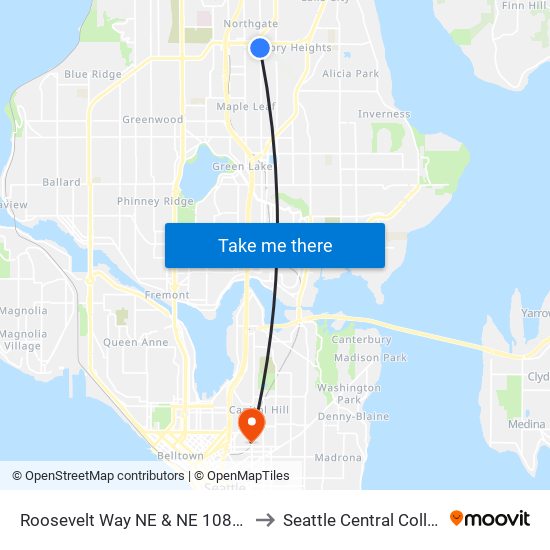 Roosevelt Way NE & NE 108th St to Seattle Central College map