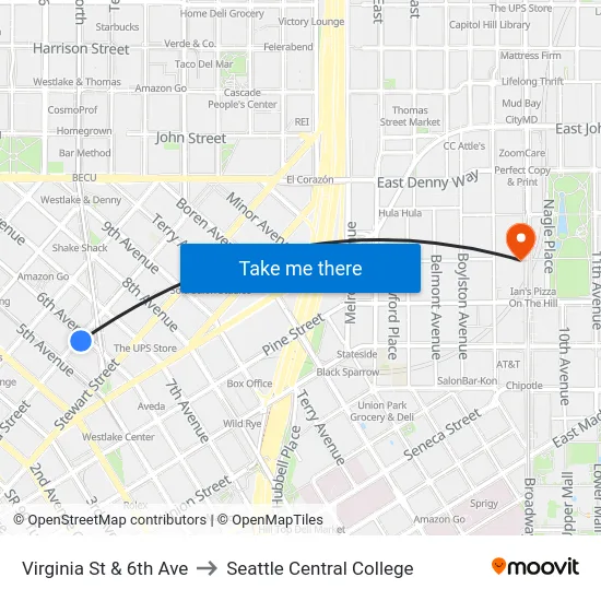 Virginia St & 6th Ave to Seattle Central College map