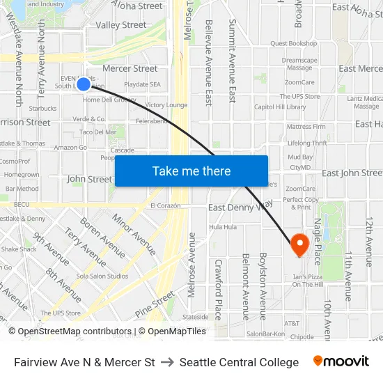 Fairview Ave N & Mercer St to Seattle Central College map