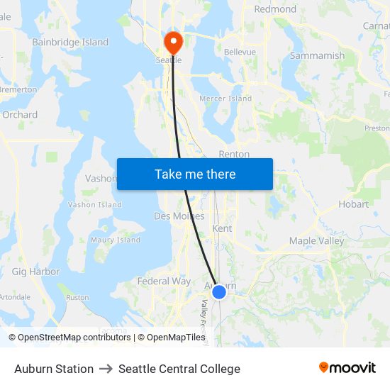 Auburn Station to Seattle Central College map