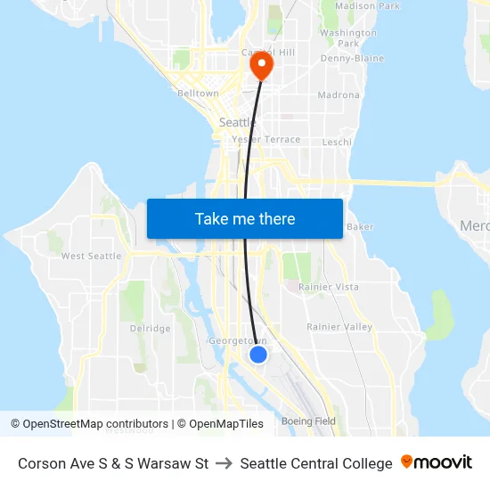 Corson Ave S & S Warsaw St to Seattle Central College map