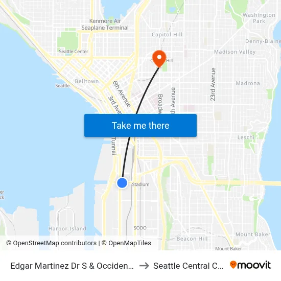 Edgar Martinez Dr S & Occidental Ave S to Seattle Central College map