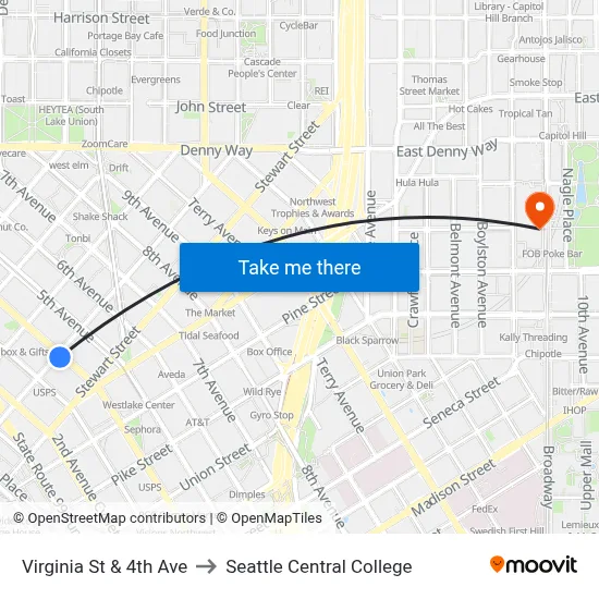 Virginia St & 4th Ave to Seattle Central College map