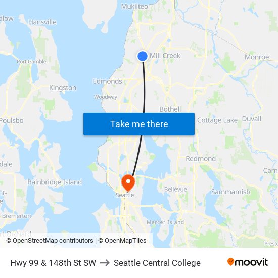 Hwy 99 & 148th St SW to Seattle Central College map