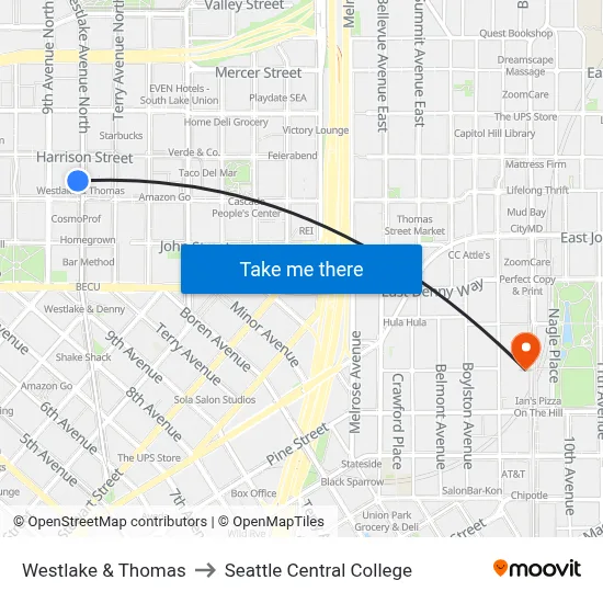 Westlake & Thomas to Seattle Central College map