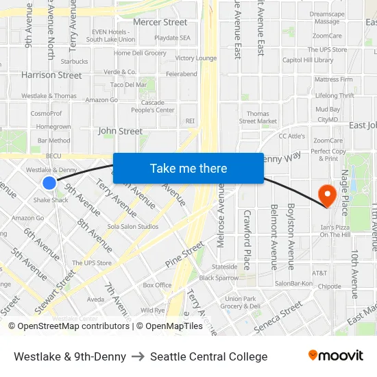 Westlake & 9th-Denny to Seattle Central College map