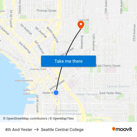 4th And Yesler to Seattle Central College map