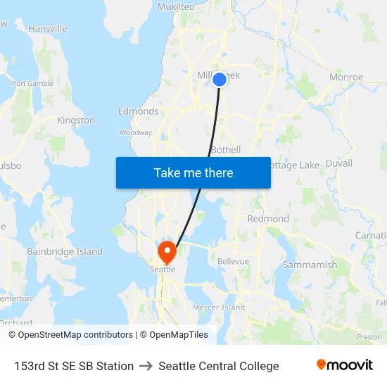 153rd St SE SB Station to Seattle Central College map