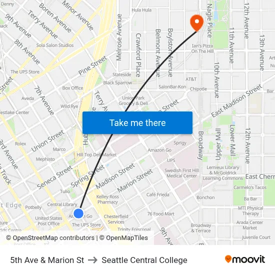 5th Ave & Marion St to Seattle Central College map