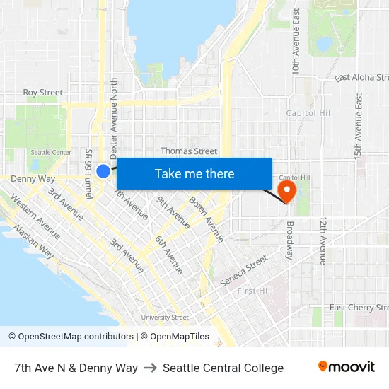 7th Ave N & Denny Way to Seattle Central College map