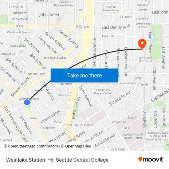 Westlake Station to Seattle Central College map