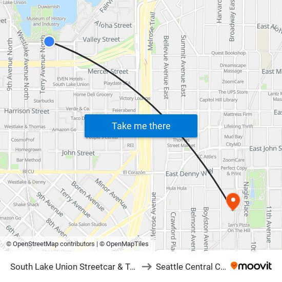 South Lake Union Streetcar & Terry Ave N to Seattle Central College map