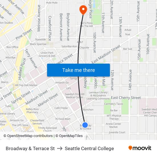 Broadway & Terrace St to Seattle Central College map