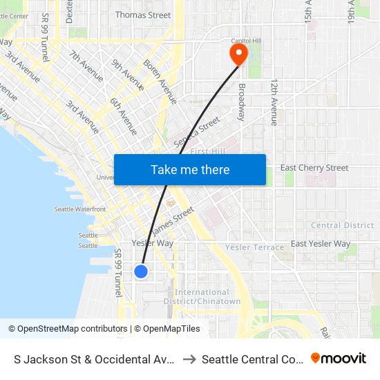 S Jackson St & Occidental Ave Walk to Seattle Central College map