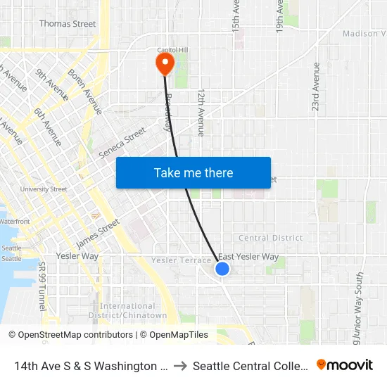 14th Ave S & S Washington St to Seattle Central College map
