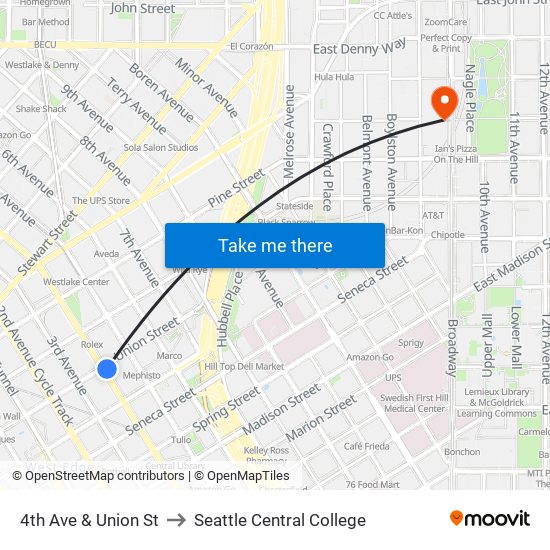 4th Ave & Union St to Seattle Central College map