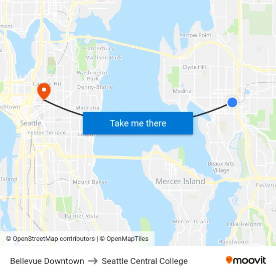 Bellevue Downtown to Seattle Central College map